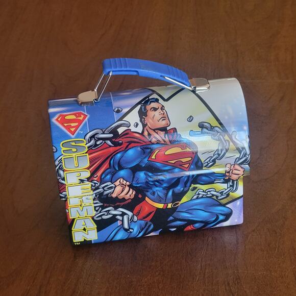 Superman Man of Steel Mini Lunch Box Tin Box DC Comics Blue Handle - Picture 1 of 7